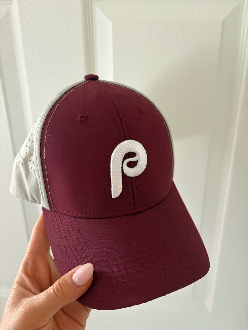 PHILLIES HAT- Maroon and White Baseball Cap with 'P' Logos